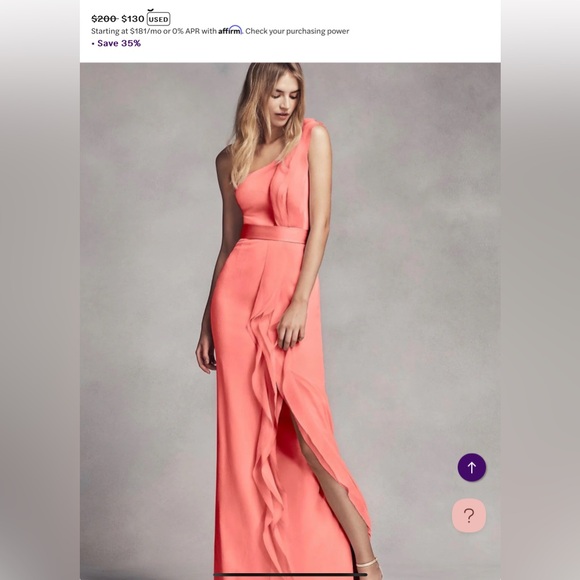 White Vera Wang Blush Pink Ruffle One Shoulder Slit formal Dress — SIZE 12 - Picture 1 of 7